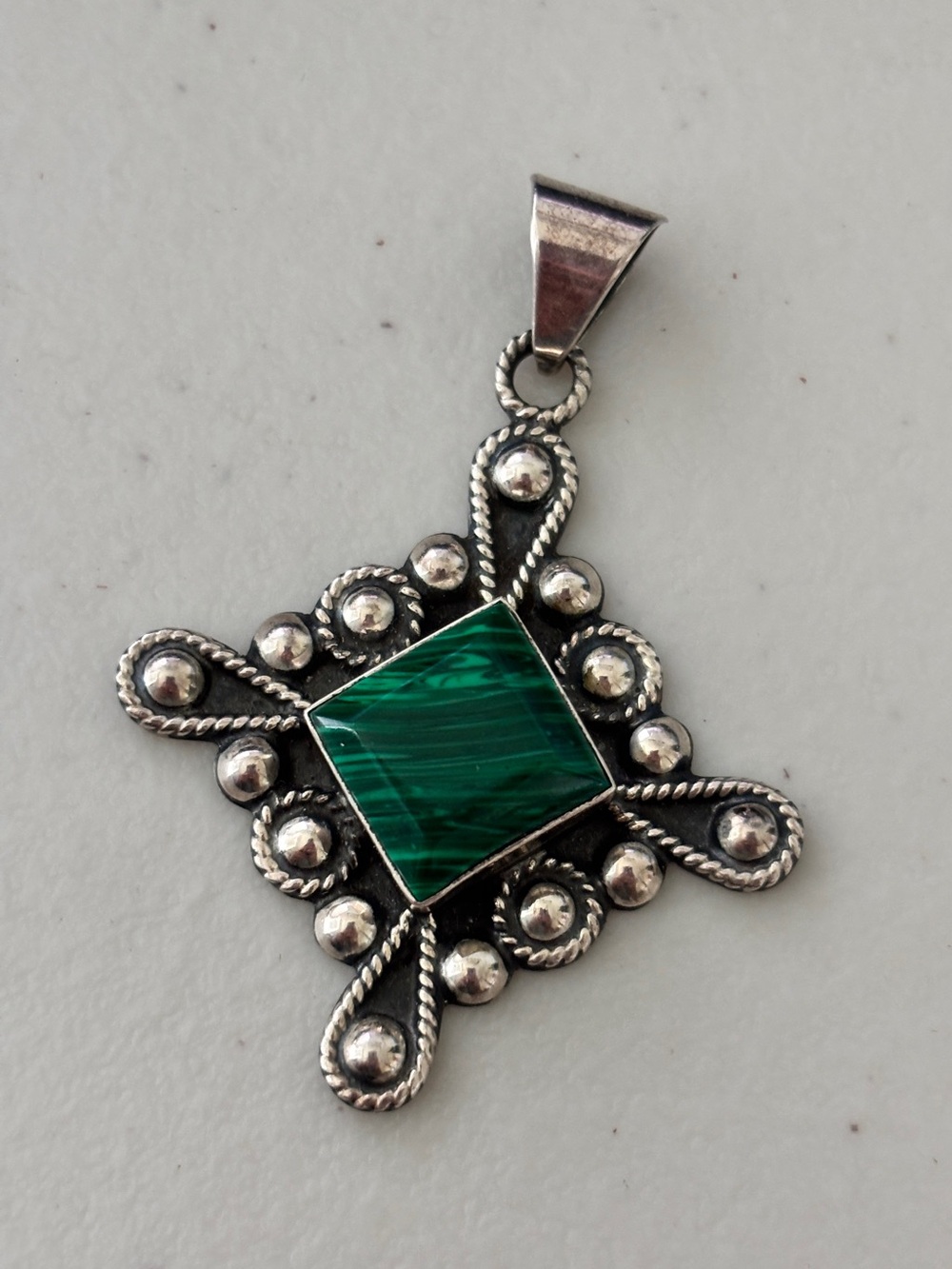 Vintage Mexico 925 Sterling Silver Malachite Pendant Taxco Statement Pendant